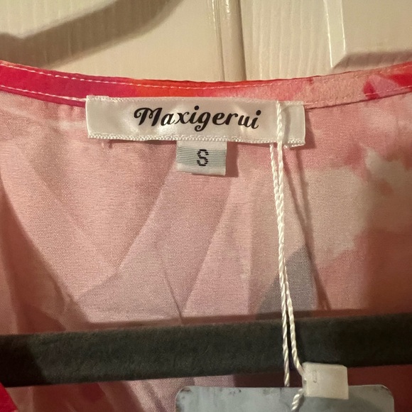 NWT Pink and White Floral Puff Sleeve V Neck High Waist Maxi Dress Size Small - Picture 10 of 15